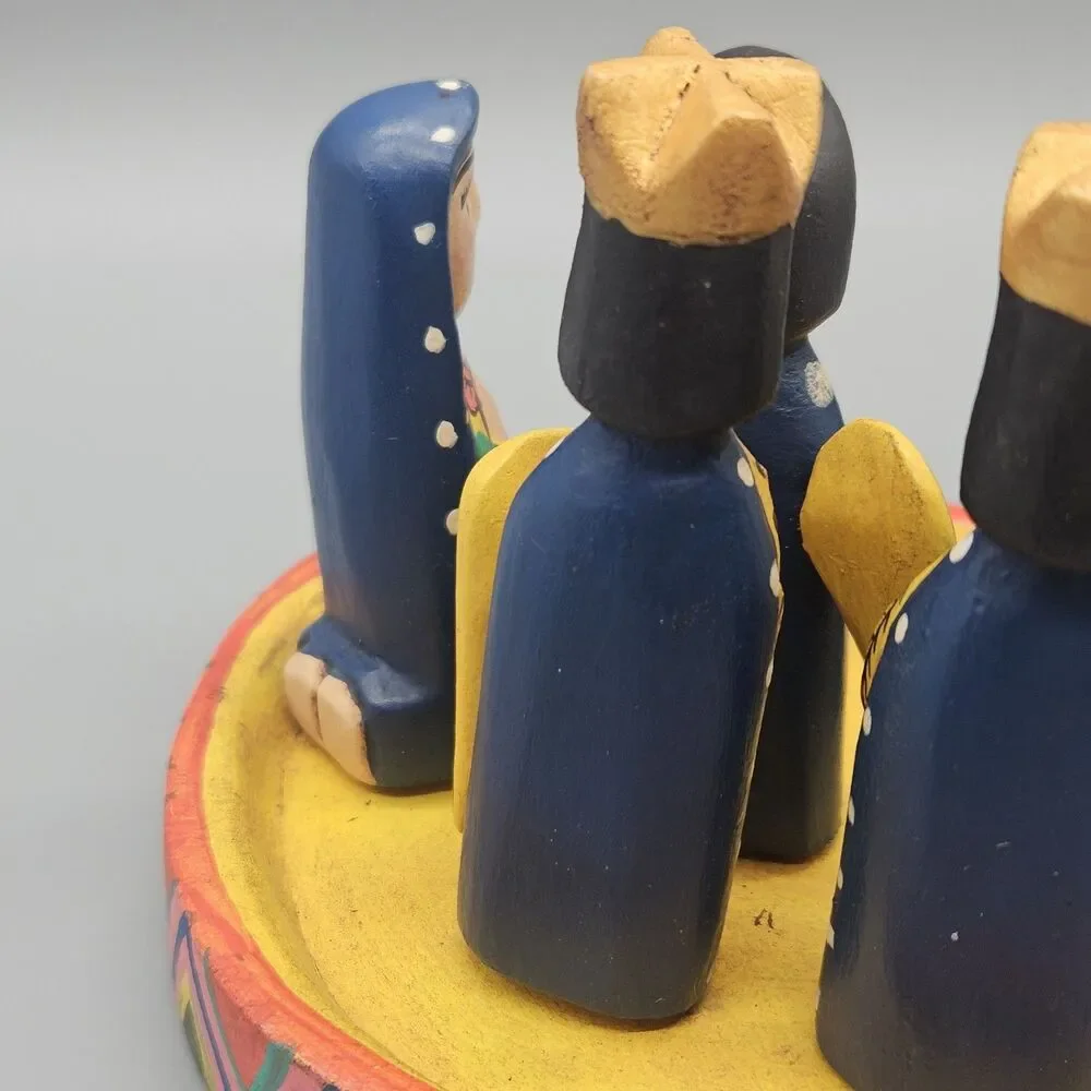 Handpainted Wooden Nativity Set Folk Art Colorful Table Piece Handcarved Mexico